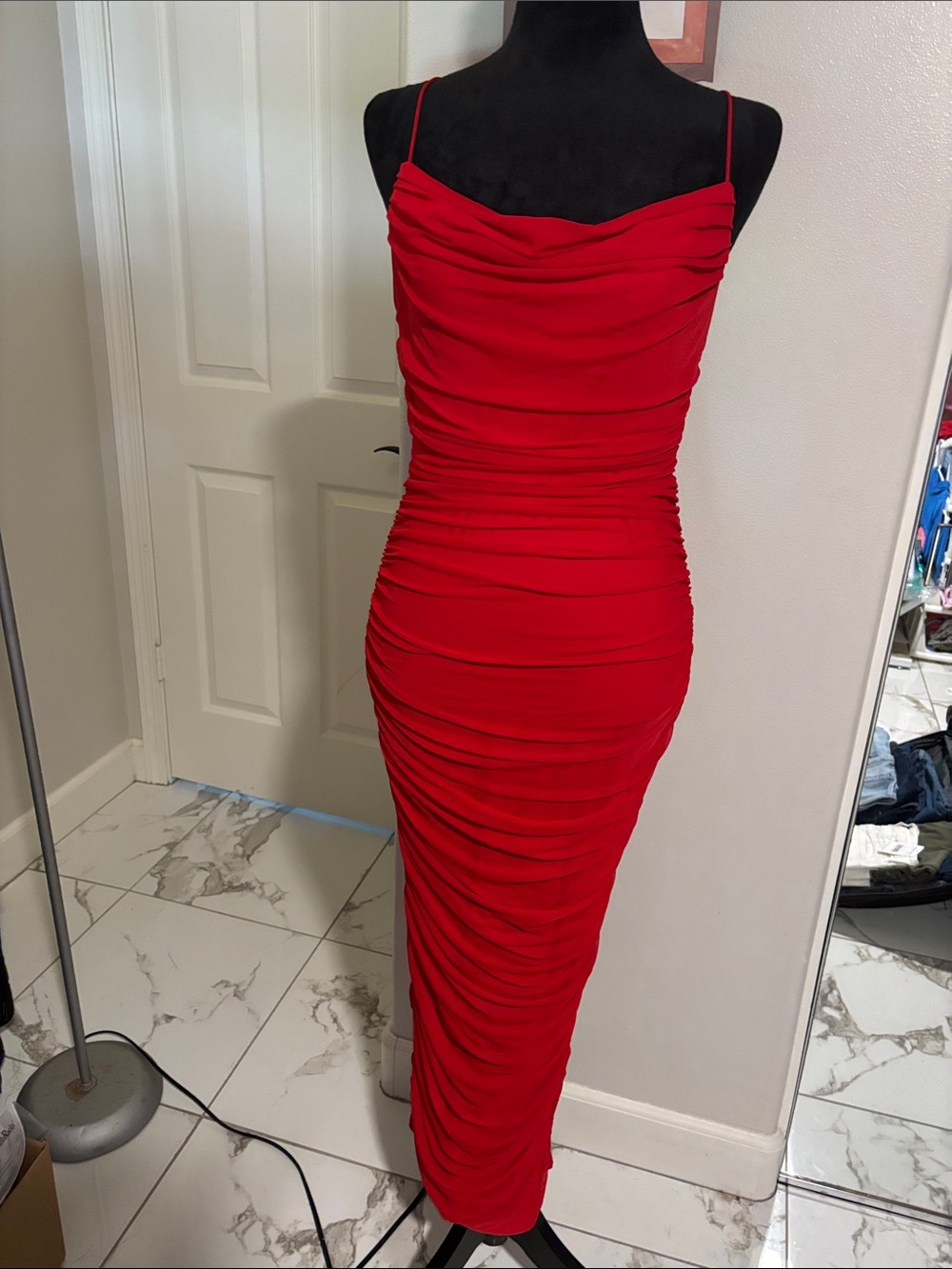 edge Red Ruched Spaghetti-Strap Maxi Dress